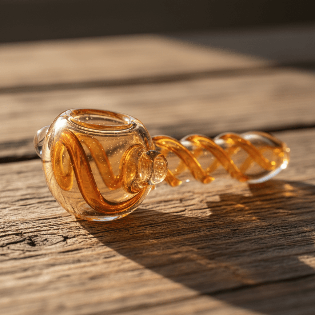 A warm artisanal rustic aesthetic close-up shot of a hand-blown borosilicate glass pipe