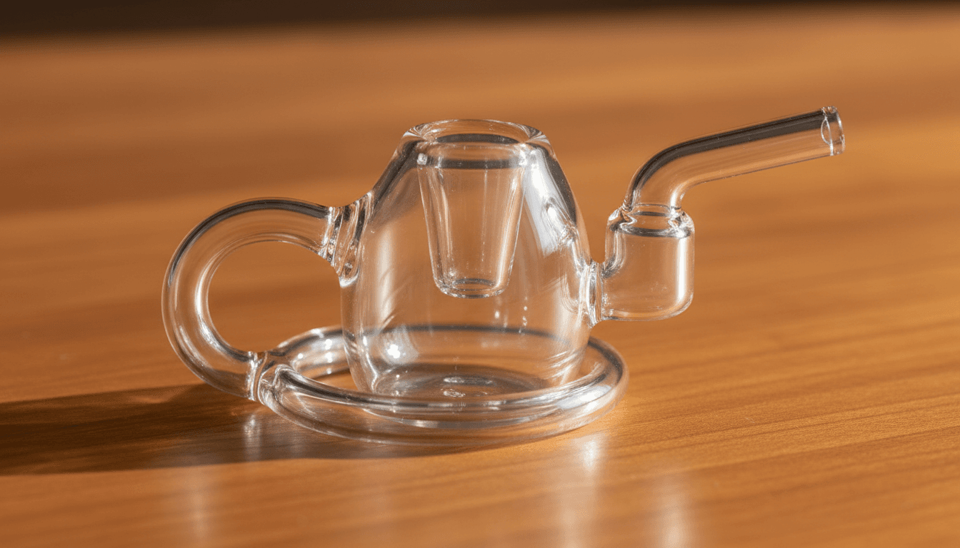 A close-up product detail shot in natural daylight showing a finished borosilicate glass oil burner