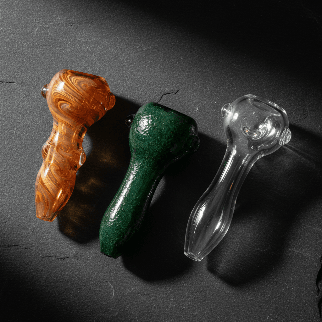 Three distinct glass pipes showcasing different styles and colors