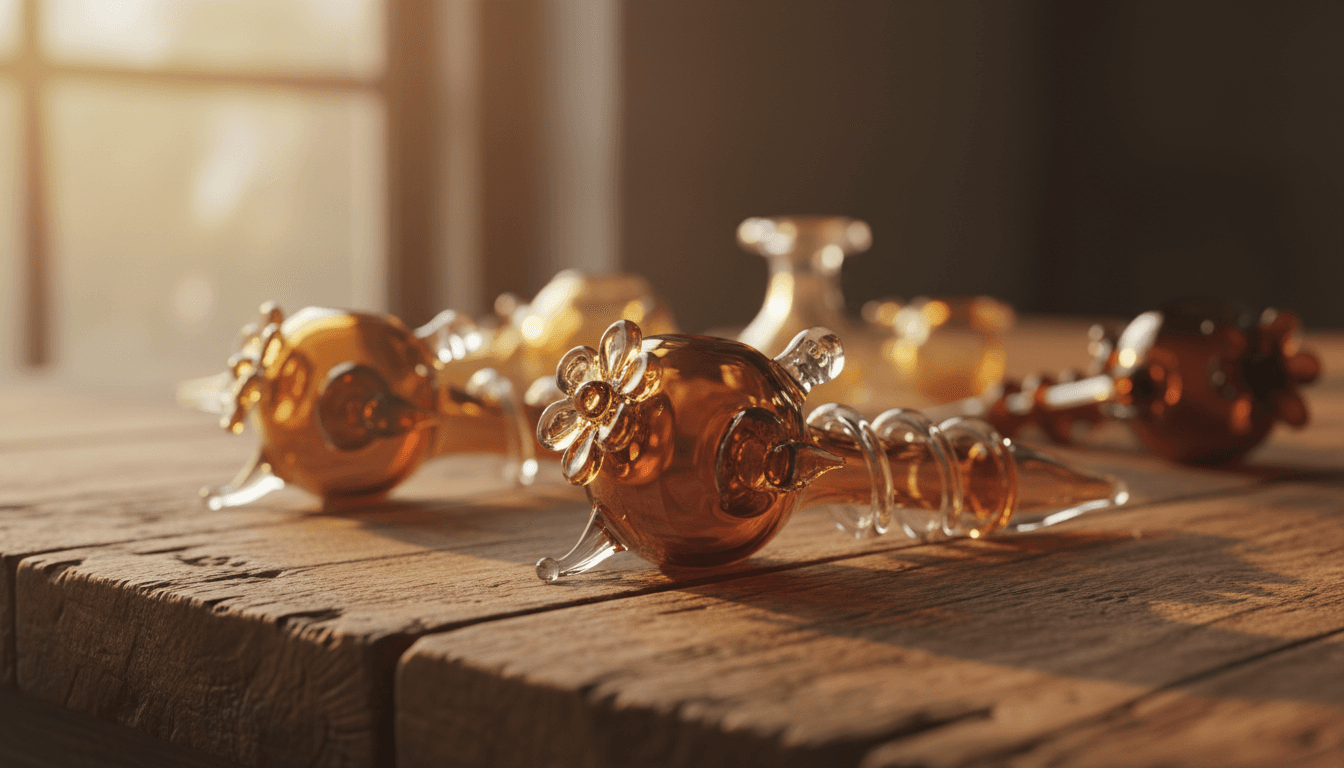 Close-up of hand-crafted glass pipes on wooden surface with warm lighting